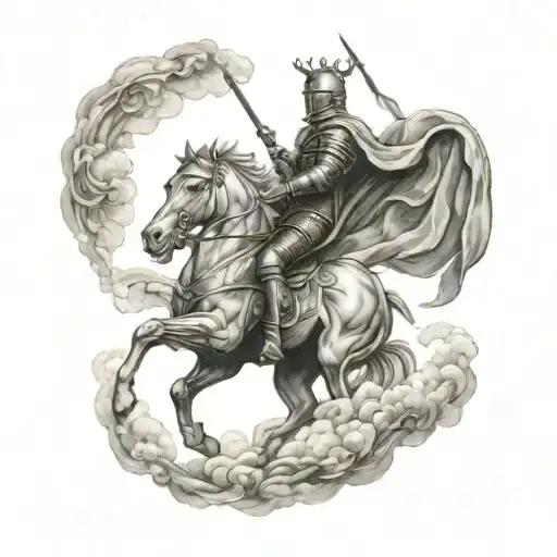 a knight on a rearing horse galloping and an angel in the sky tattoo design idea