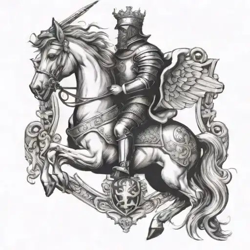 a coat of arms with knight on a rearing horse galloping and an angel in the sky tattoo design idea