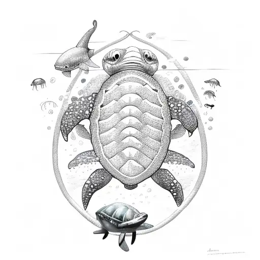 sea ​​creatures composition with turtle, whale, shark, jellyfish, fish and dolphin tattoo design idea