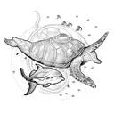 sea ​​creatures composition with turtle, whale, shark, jellyfish, fish and dolphin tattoo design idea