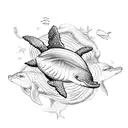 sea ​​creatures composition with turtle, whale, shark, jellyfish, fish and dolphin tattoo design idea