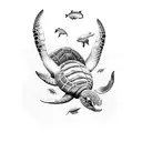 sea ​​creatures composition with turtle, whale, shark, jellyfish, fish, dolphin tattoo design idea