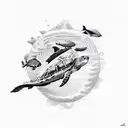 sea ​​creatures composition with turtle, whale, shark, jellyfish, fish and dolphin tattoo design idea