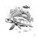 sea ​​creatures composition with turtle, whale, shark, jellyfish, fish and dolphin tattoo design idea