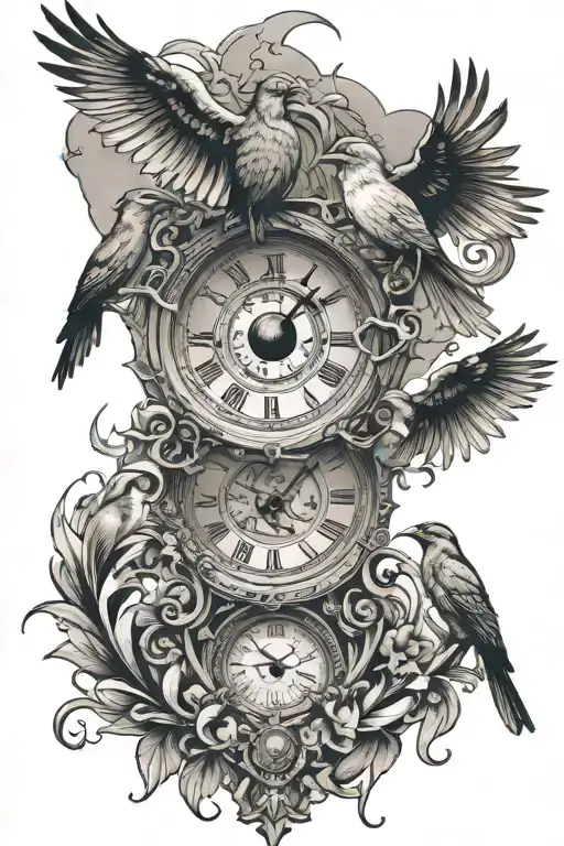 greek mythology, clock, eye, birds flying tattoo design idea