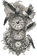 greek mythology, clock, eye, birds flying tattoo design idea