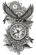 greek mythology, clock, eye, birds flying tattoo design idea