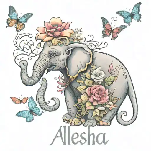 Word that spells Aleesha in cursive with and elephant and butterflies  tattoo design idea