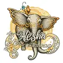 Word that spells Aleesha in cursive with and elephant and butterflies  tattoo design idea