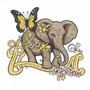 Word that spells Aleesha in cursive with and elephant and butterflies  tattoo design idea