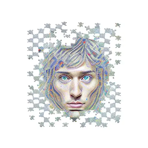 A realistic portrait of a person with autism surrounded by puzzle pieces merging into a beautiful mosaic tattoo design idea