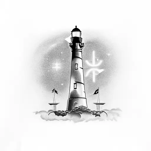 red and white lighthouse with gemini, virgo and leo signs in the sky tattoo design idea