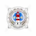 red and white lighthouse with gemini, virgo and leo signs in the sky tattoo design idea