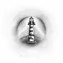 red and white lighthouse with gemini, virgo and leo signs in the sky tattoo design idea