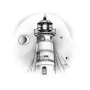 red and white lighthouse with gemini, virgo and leo signs in the sky tattoo design idea