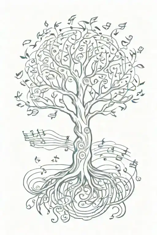 Tree of Life surrounded with music notes flowing in a brush stroke style tattoo design idea