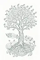 Tree of Life surrounded with music notes flowing in a brush stroke style tattoo design idea