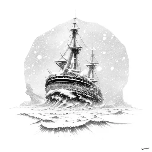 A snow-covered shipwreck guarded by a kraken emerging from the depths tattoo design idea