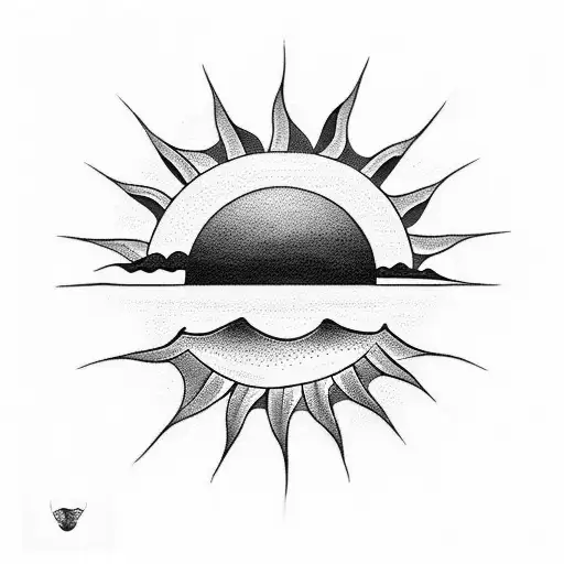 A tranquil beach scene with the sun rising over the water tattoo design idea
