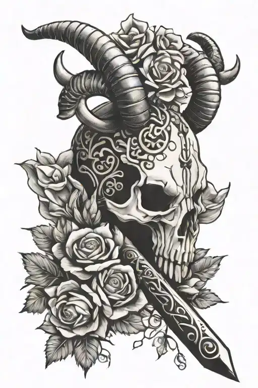 ram skull flower tattoo