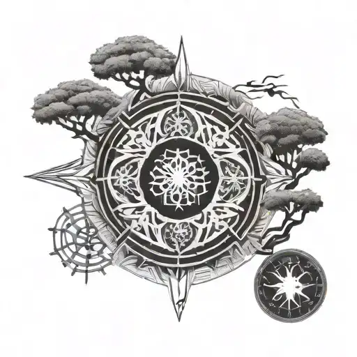bonzai tree with ying yang integrated. dharma wheel directly underneath. compass under dharma wheel   tattoo design idea