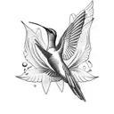 A graceful hummingbird perched on the Greek goddess Nike's hand, with the number 19 incorporated in the background tattoo design idea