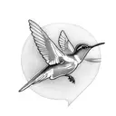 A graceful hummingbird perched on the Greek goddess Nike's hand, with the number 19 incorporated in the background tattoo design idea