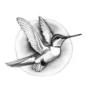 A graceful hummingbird perched on the Greek goddess Nike's hand, with the number 19 incorporated in the background tattoo design idea