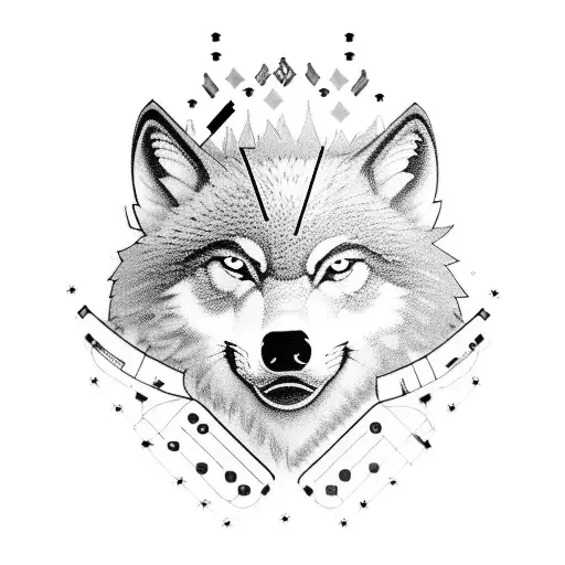 A wolf surrounded by video game controllers and basketballs, with a hip hop dancer in the background tattoo design idea