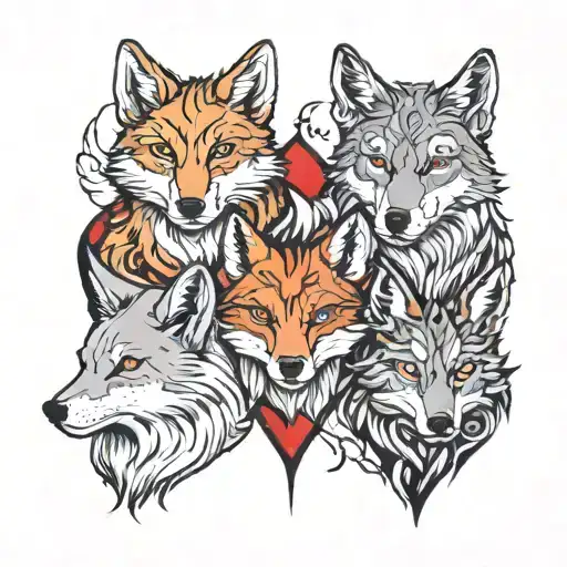 three little fox mixed with wolf creatures and two large wolves one with red and black and the other black with gray swi tattoo design idea