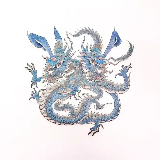 chinese zodiac dragon and chinese zodiac rabbit color  tattoo design idea