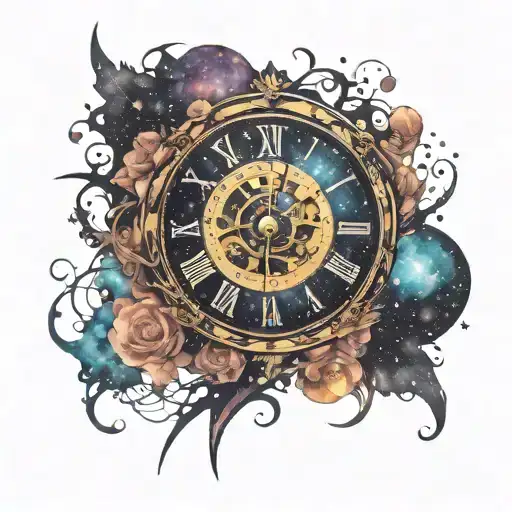 eternal clock in galaxy background tattoo design idea