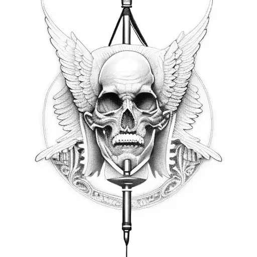 An intricate black and grey tattoo of a barber pole with angelic figures tattoo design idea