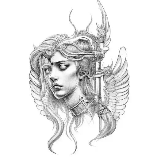 An intricate black and grey tattoo of a barber pole with angelic figures tattoo design idea