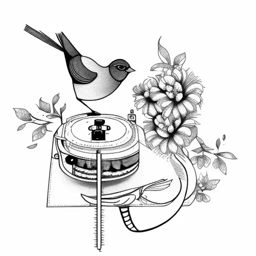 sewing machine, bird and flowers tattoo design idea