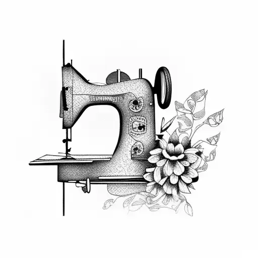 sewing machine, bird and flowers tattoo design idea
