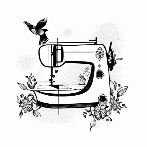 sewing machine, bird and flowers tattoo design idea