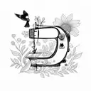 sewing machine, bird and flowers tattoo design idea