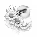 sewing machine, bird and flowers tattoo design idea
