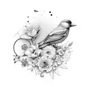 sewing machine, bird and flowers tattoo design idea