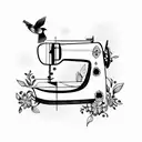 sewing machine, bird and flowers tattoo design idea