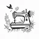 sewing machine, bird and flowers tattoo design idea