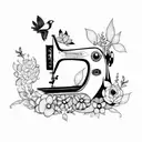 sewing machine, bird and flowers tattoo design idea
