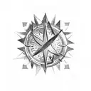 Background is Moutain, with e Wolf and a Christian cross, in the top of the picture en compass tattoo design idea