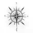 Background is Moutain, with e Wolf and a Christian cross, in the top of the picture en compass tattoo design idea