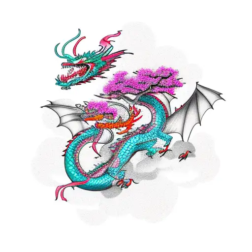 Dragon and cherry blossom tree combined in a vibrant new-school design tattoo design idea