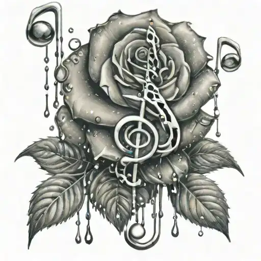 A music note made of raindrops falling on a rose garden tattoo design idea