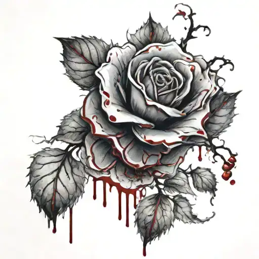 black cherry blossom roses  blood dripping in the center making some of the petals change to red tattoo design idea