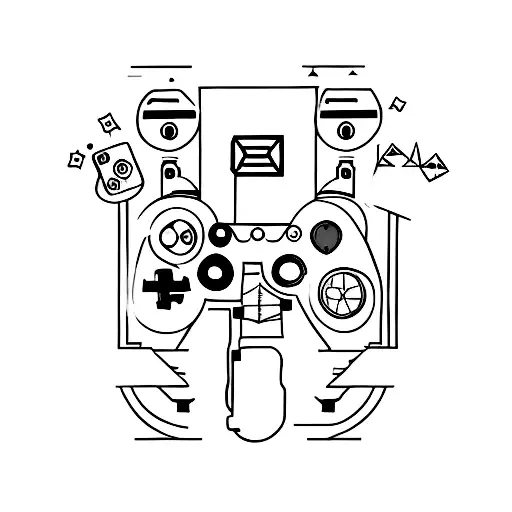 A minimalist tattoo of a video game controller surrounded by various objects related to entrepreneurship. tattoo design idea