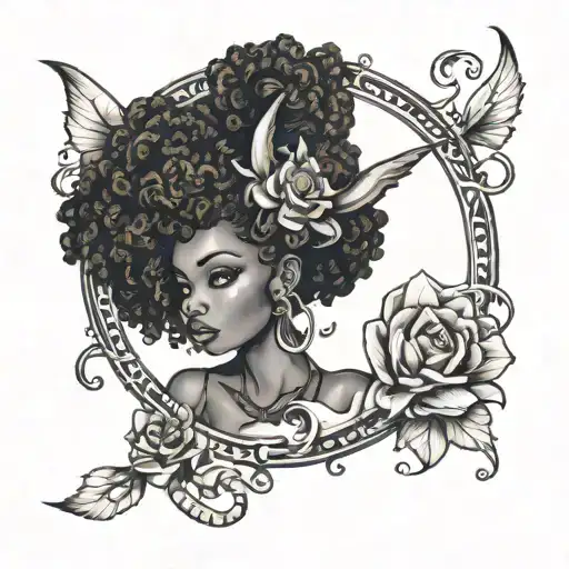 afro fairy with horn and pointy tail tattoo design idea